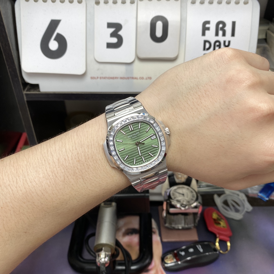 Patek Philippe Nautilus series 57111300A-001, Olive Green Dial with Square Diamond Bezel, 40mm Size.