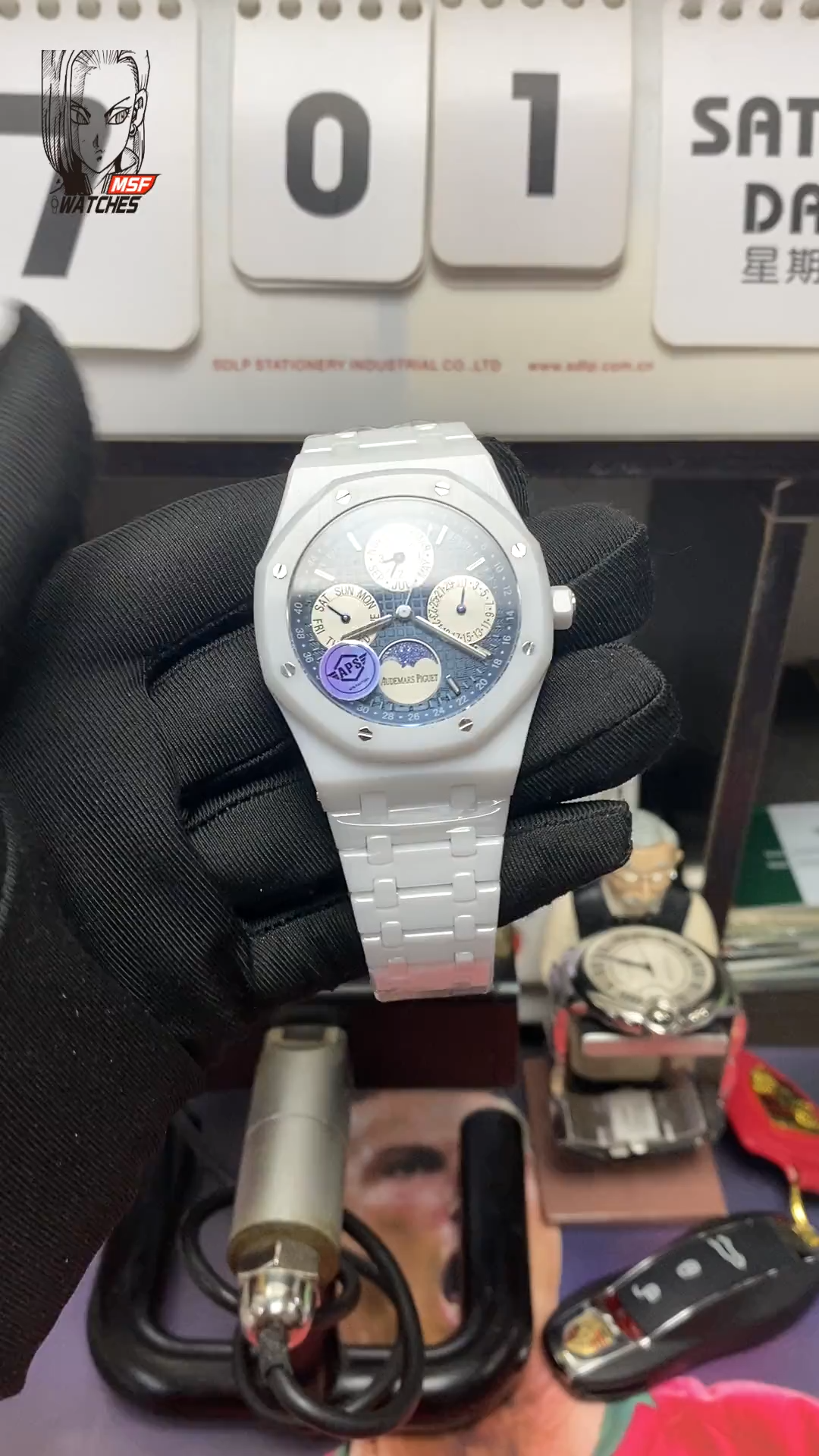 Audemars Piguet Royal Oak Offshore Series 26579CB.OO.1225CB.01, White Ceramic Blue Dial Full Ceramic Case Complete, Date Day Month Moon Phase Functions, 41mm size.