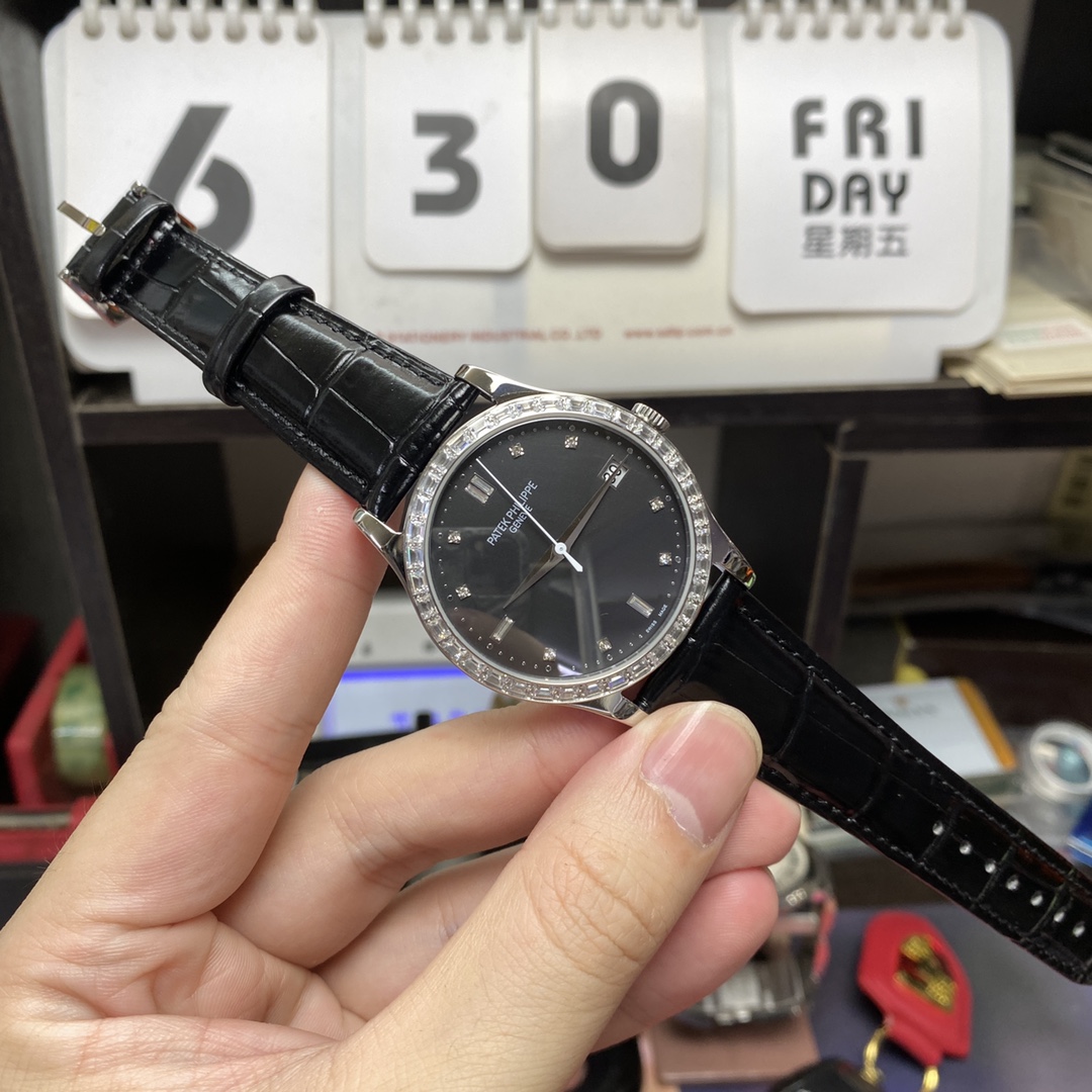 Patek Philippe Classical Watch Series 5298P-012, Black Dial and Square Diamond Bezel Italian Calfskin Leather Strap, 38mm Size.
