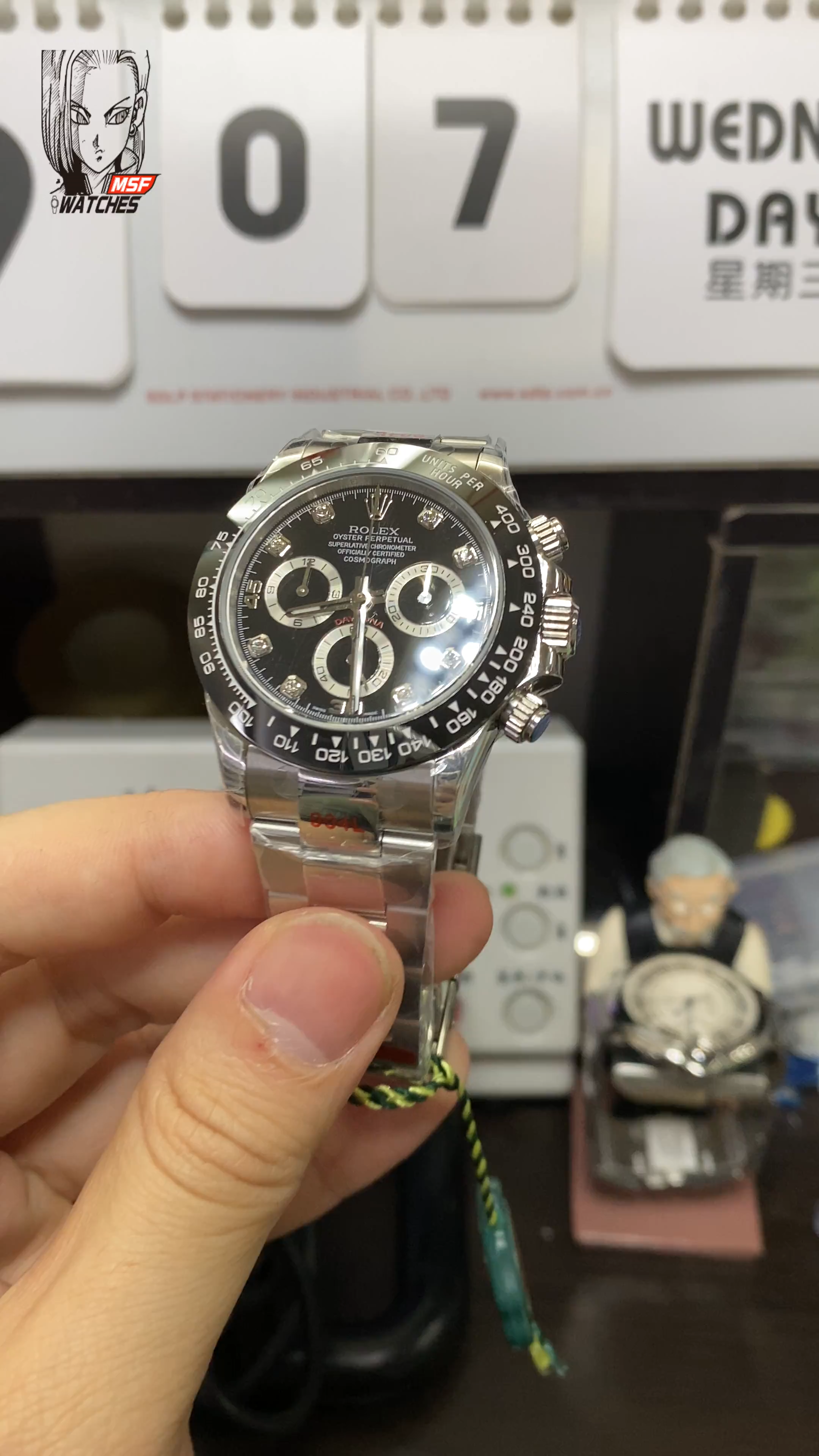 Rolex Cosmograph Daytona Series m116509-0055, Black Ceramic Bezel Stainless Steel Bracelet Square Diamond Hour Markers, 40mm size.