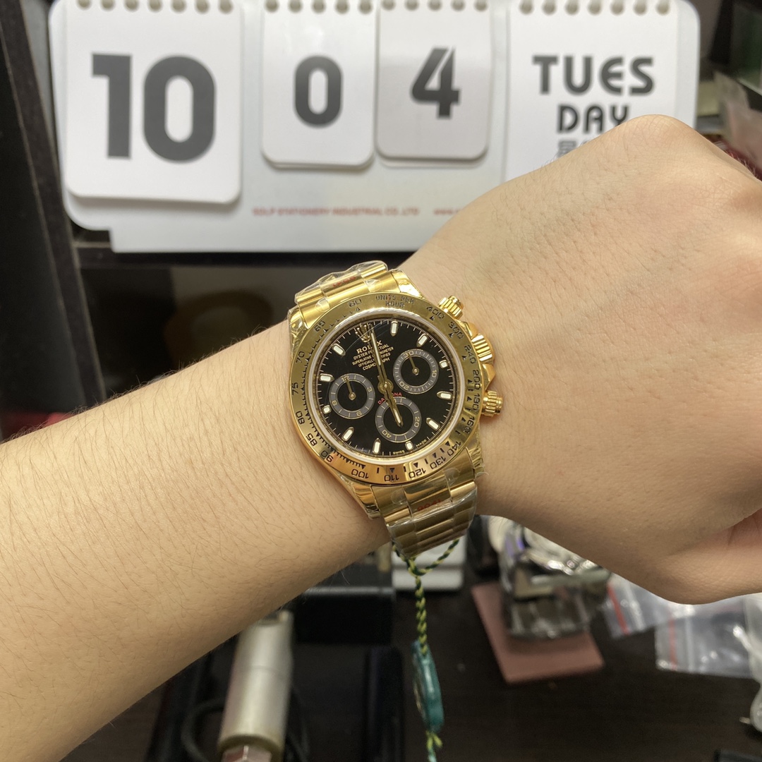 Rolex Cosmograph Daytona Series m116508-0004, Full Gold Case Black Dial Arabic Numerals, 40mm size.