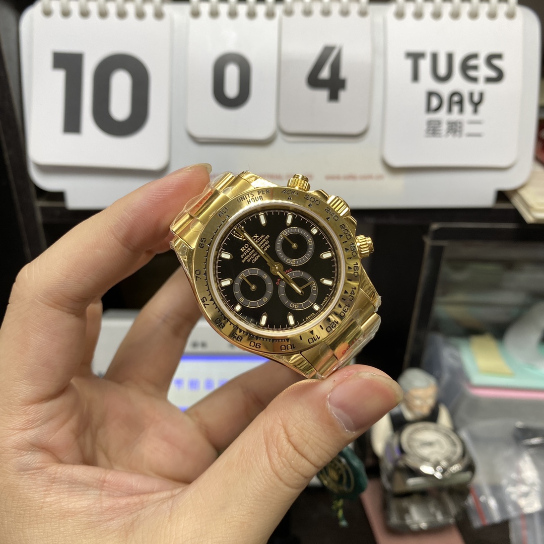 Rolex Cosmograph Daytona Series m116508-0004, Full Gold Case Black Dial Arabic Numerals, 40mm size.