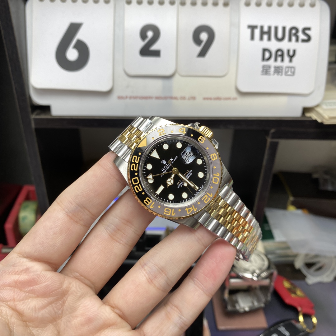 Rolex GMT-Master II series m126713grnr-0001, InterGold Black/Grey Ceramic Bezel InterGold Five-Bead Chain Steel Bracelet, 40mm size.