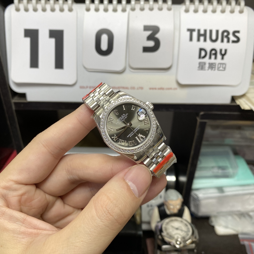 Rolex Datejust Series m278384rbr-0032, Grey Dial with Diamond Bezel and Roman Numerals, 31mm size, Jubilee stainless steel bracelet.