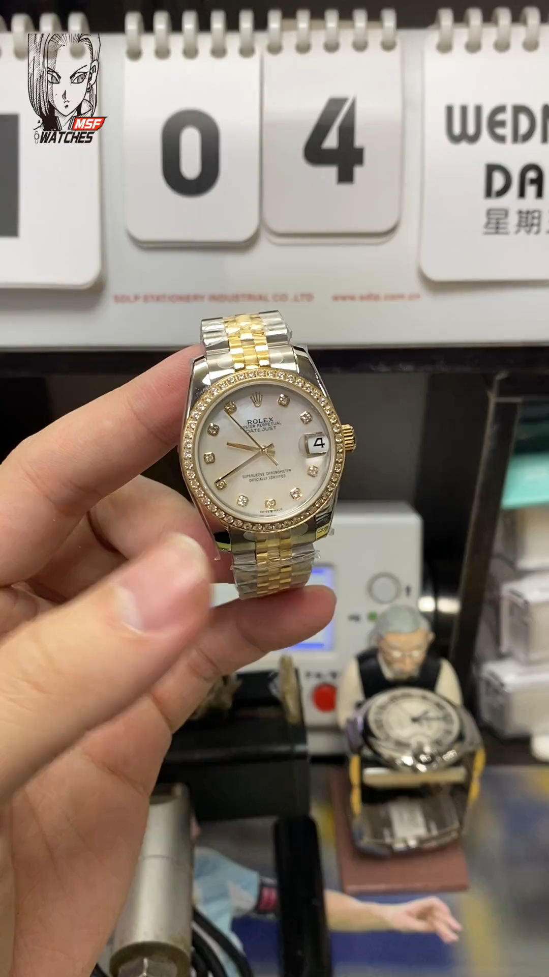 Rolex Datejust Series m278383rbr-0028, Two-Tone Gold Case with Mother-of-Pearl Dial and Diamond Bezel, 31mm size, Jubilee stainless steel bracelet.