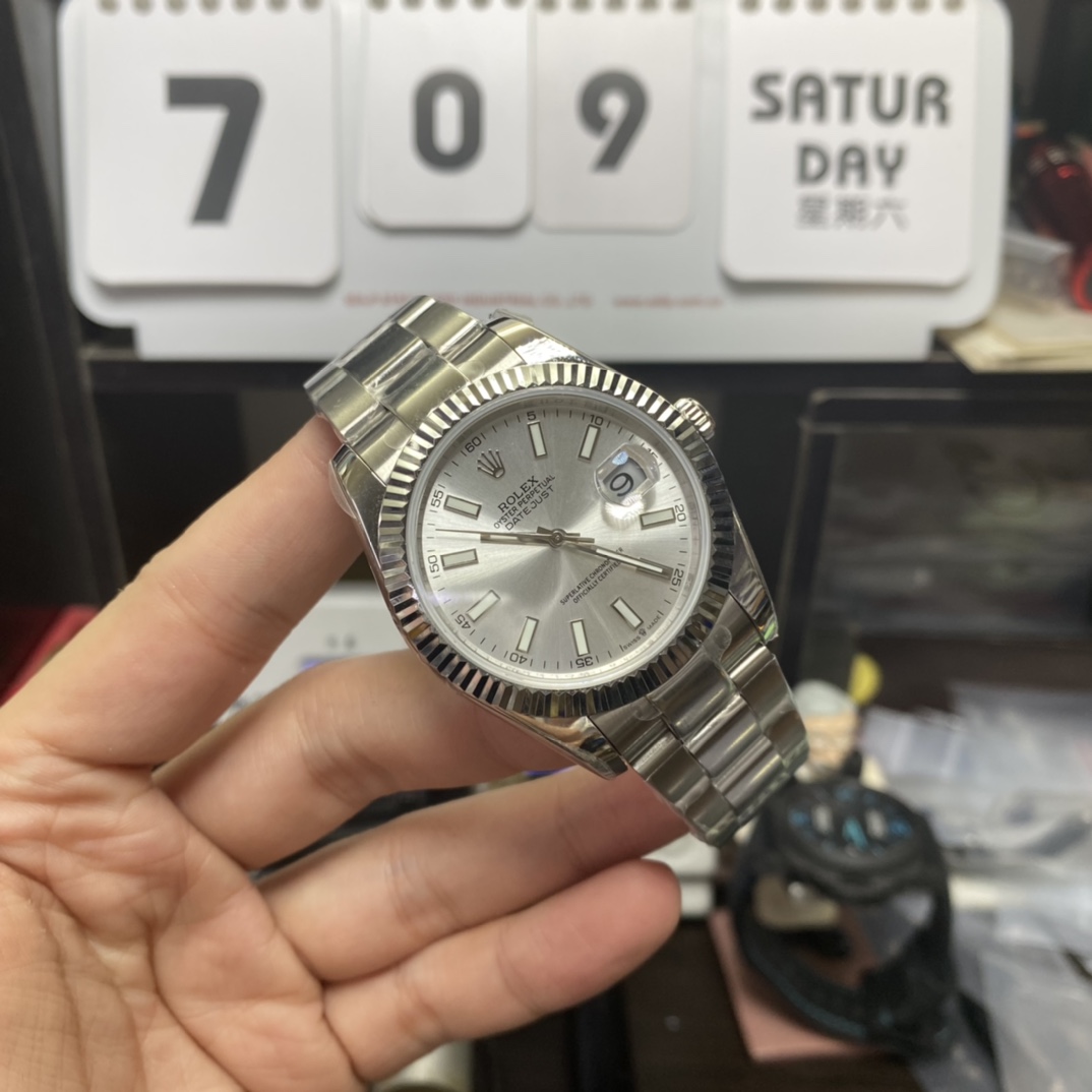 Rolex Datejust Series m126334-0003, White Case Silver Baton Hour Markers Fluted Bezel, 41mm Size.