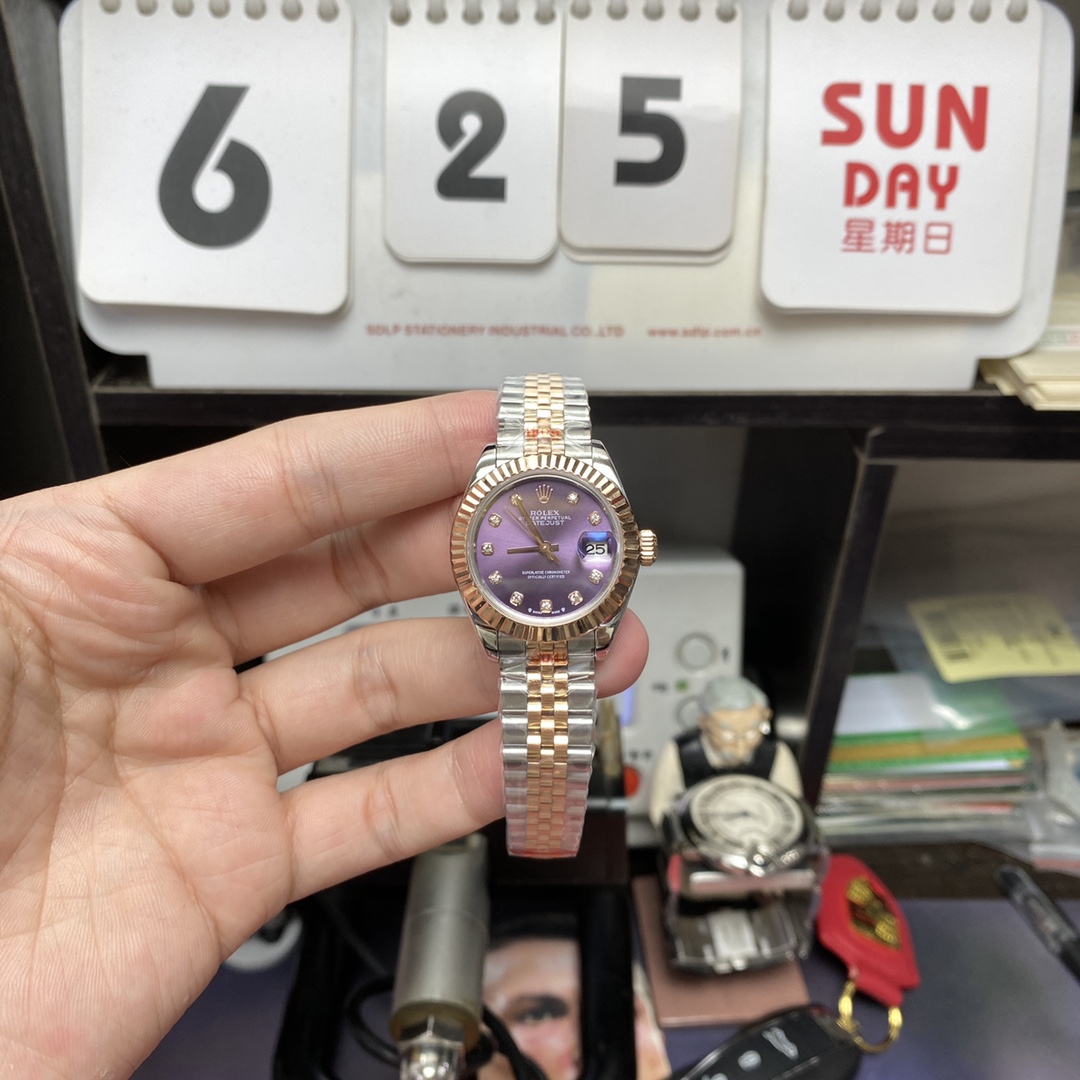 Rolex Datejust series m279171-0015, Rose Gold with Purple Dial and Diamond Hour Markers, 28mm Size.