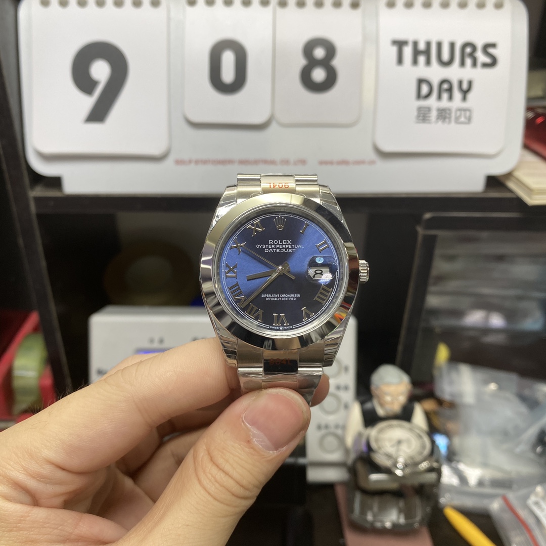 Rolex Datejust series m126300-0017, blue dial featuring Roman numeral markers, 41mm size.