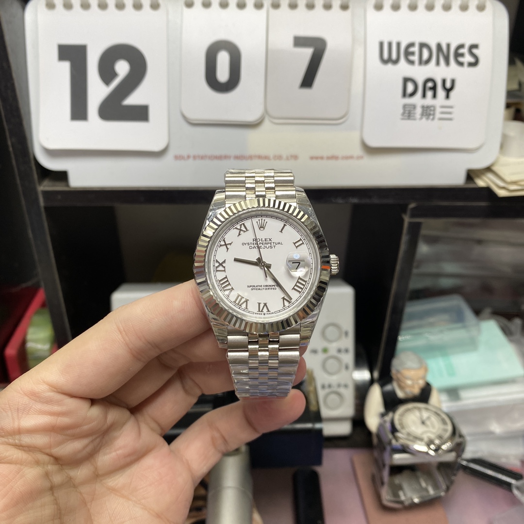 Rolex Datejust Series m126334-0024, White Dial with Roman Numerals and a five-link steel bracelet, 41mm size.