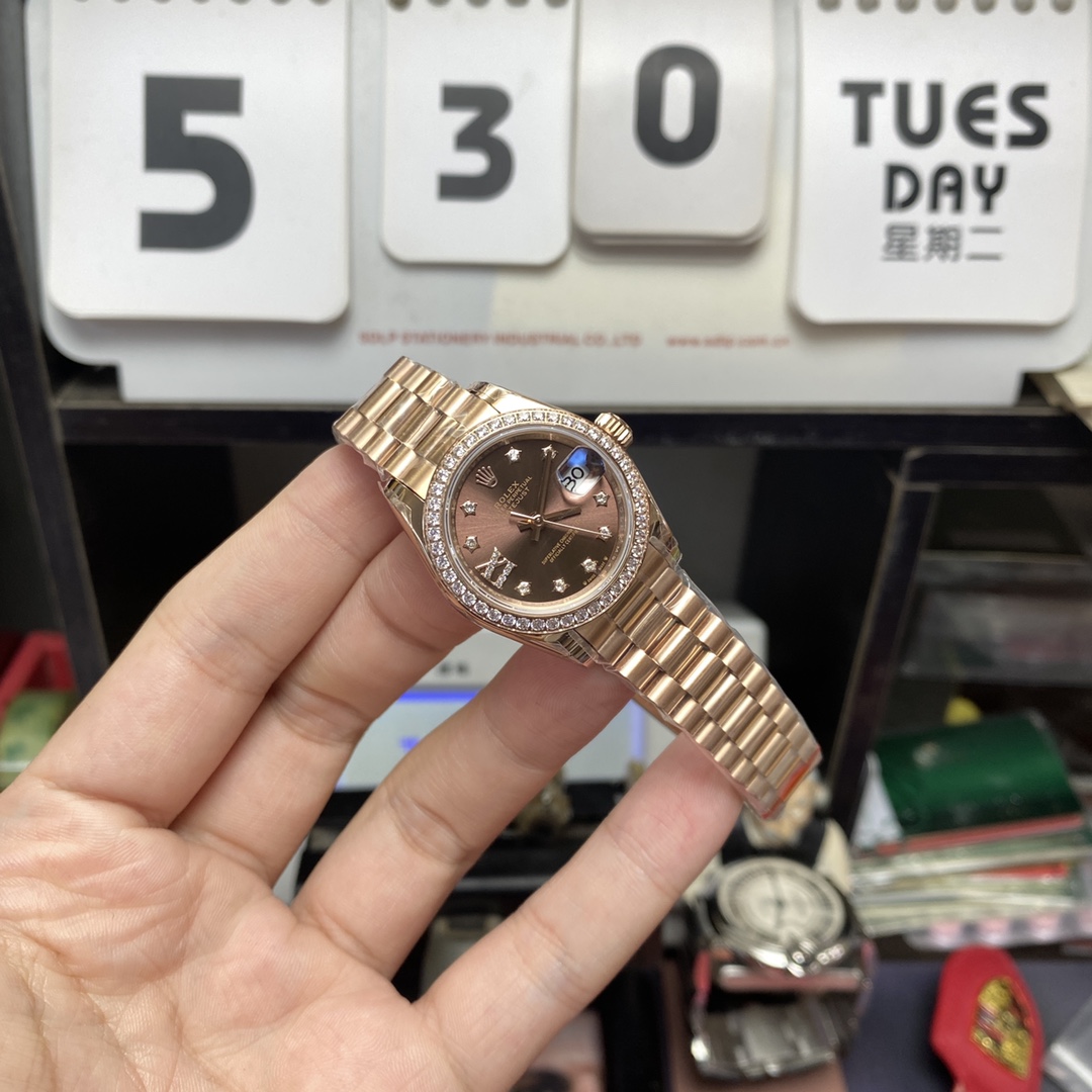 Rolex Datejust series m279135rbr-0001, Coffee Dial with Diamond Bezel and Full Rose Gold Case, 28mm size.