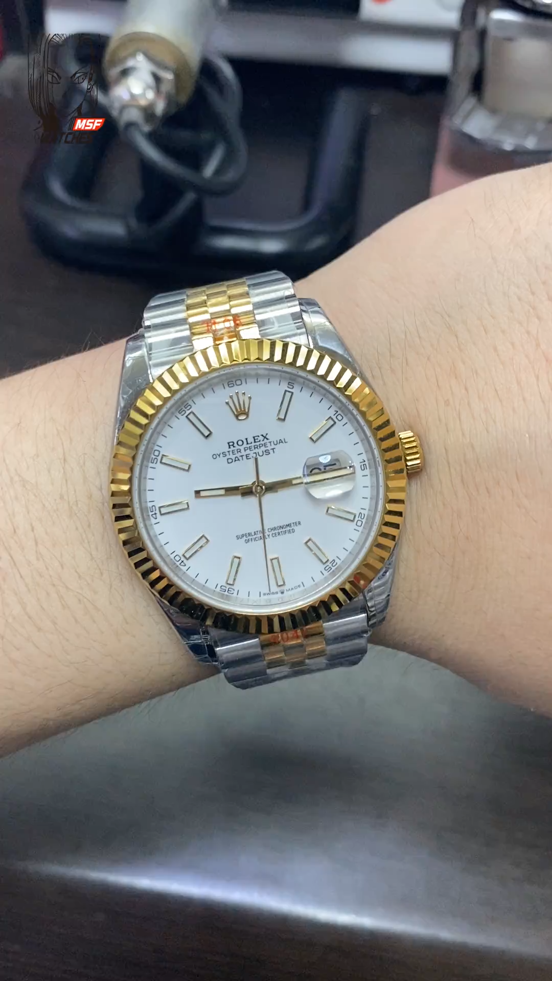 Rolex Datejust series m126333-0016, Two-Tone Gold Case White Dial with Stick Hour Markers, 41mm size.