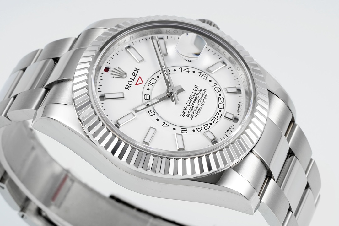 Rolex SKY-DWELLER series white Dial Steel Bracelet ,Month Date and GMT Dual Time Zone Functions, 42mm Size.