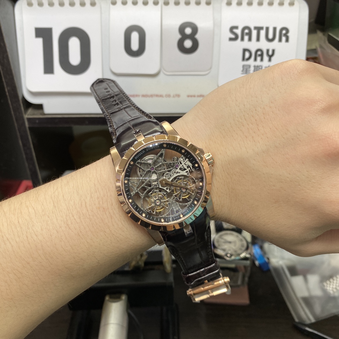 Roger Dubuis Royal Oak Series RDDBEX0395, Rose Gold Case All Hollowed Out with American Alligator Leather Strap, 45mm Size.