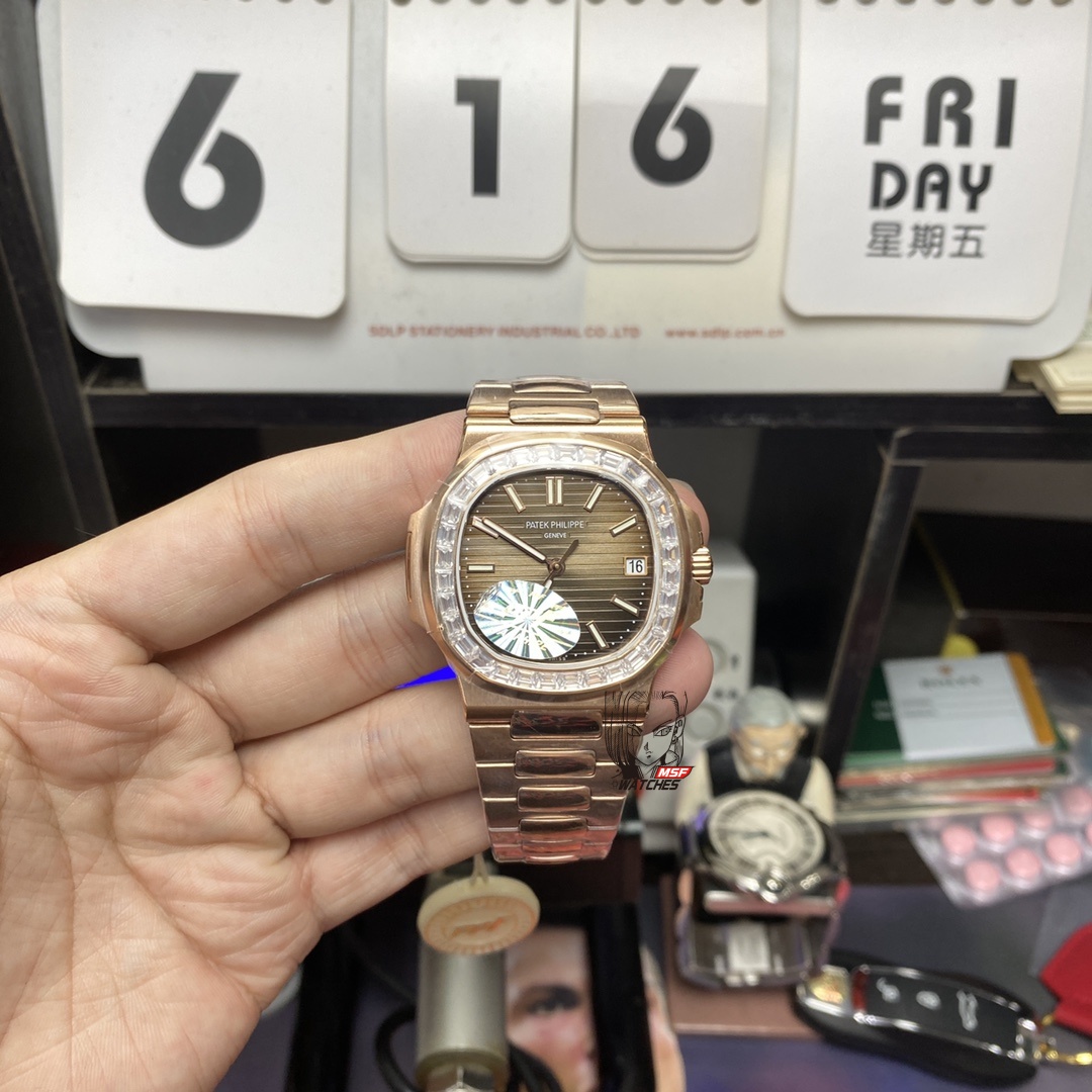 Patek Philippe Nautilus series 57131G-010, Rose Gold with Coffee Dial and Square Diamond Bezel, 40mm Size.