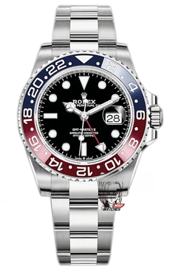 Rolex GMT-Master II series m126710blro-0002, Pepsi bezel features a five-link Jubilee bracelet a red and blue ceramic bezel a black dial and a red GMT hand, 40mm size.