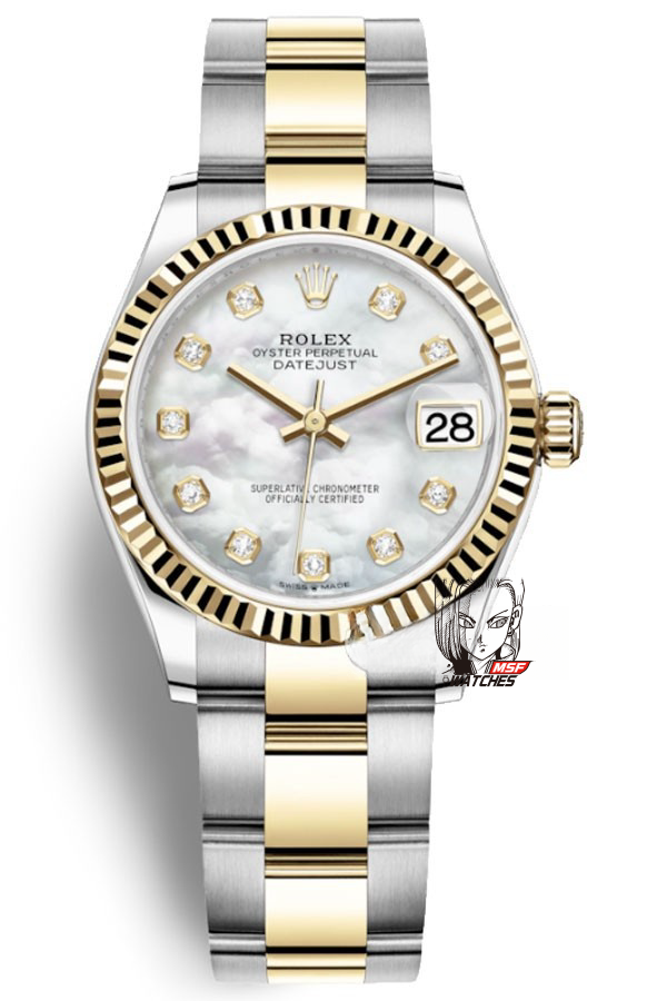 Rolex Series m278273-0027, Mother-of-Pearl Dial with Gold Fluted Bezel Five-Piece Pearl Bracelet, 31mm Size.