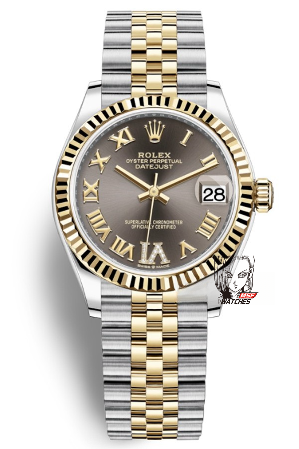 Rolex Datejust Series m278273-0018, Two-Tone Gold Case Grey Dial with Roman Numerals, 31mm size, Jubilee stainless steel bracelet.