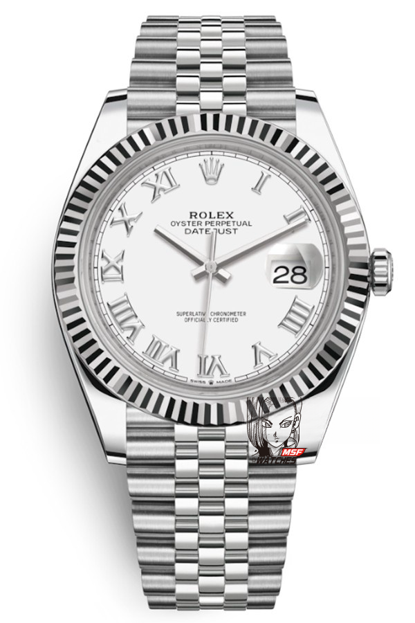 Rolex Datejust Series m126334-0024, White Dial with Roman Numerals and a five-link steel bracelet, 41mm size.