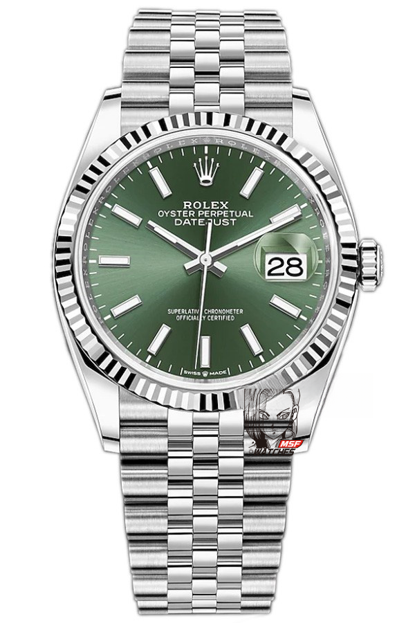 Rolex Datejust series m126234-0051, Mint Green Dial with Fluted Bezel, 36mm size.