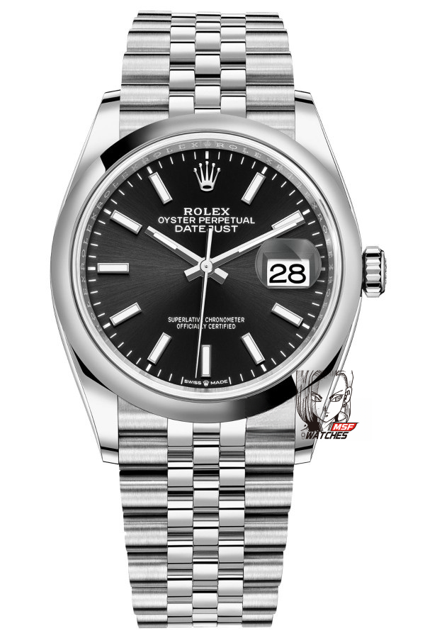 Rolex Datejust Series m126200-0003, Black Dial with Fluted Bezel and Five-link Bracelet, 36mm Size.