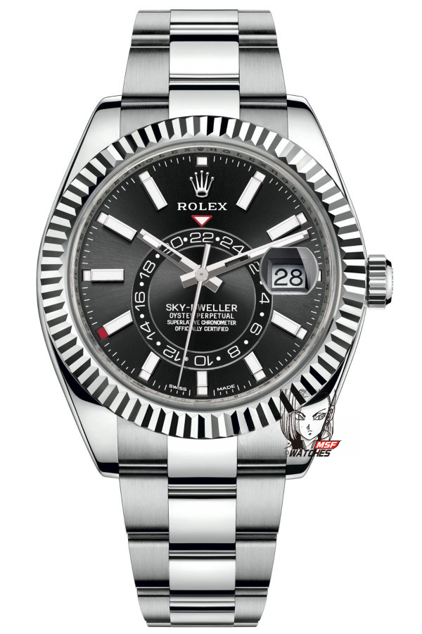 Rolex SKY-DWELLER series m326934-0005, Black Dial Steel Bracelet ,Month Date and GMT Dual Time Zone Functions, 42mm Size.