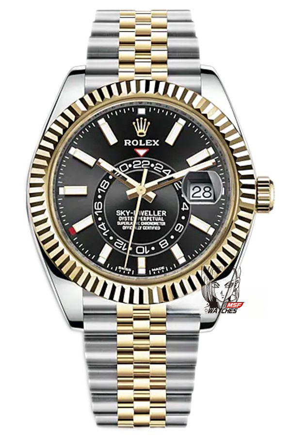 Rolex Sky-Dweller series m326933-0005, Yellow Gold Case Black Dial, synchronized Dual Time Zone Function, 42mm Size.