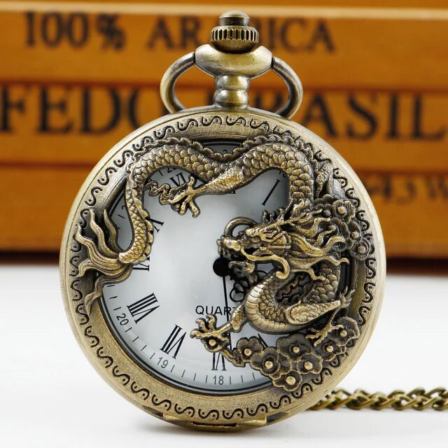 Retro Chinese Style Double Dragons Playing with Beads Quartz Pocket Watch With Chain Necklace Pendant Fob Watches
