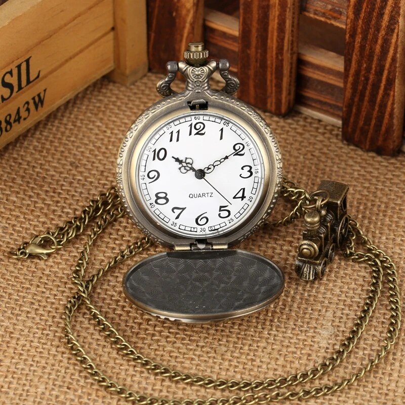 Bronze Train Locomotive Engine Quartz Pocket Watch Retro Necklace Pendant Chain Best Gifts for Men Women with Train Accessory