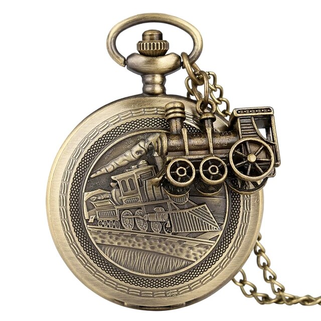 Bronze Train Locomotive Engine Quartz Pocket Watch Retro Necklace Pendant Chain Best Gifts for Men Women with Train Accessory