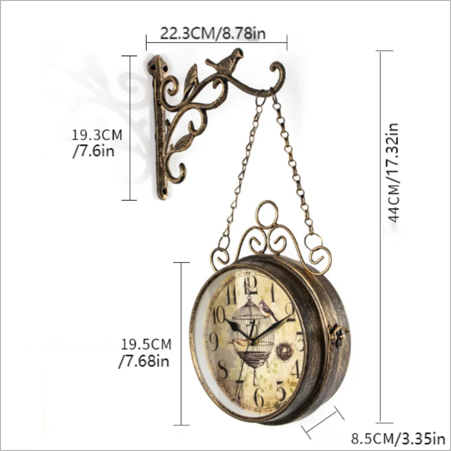 Double Sided Wall Clock Iron Art Clock Living Room Retro Clock Metal Round Battery Powered Silent Clock, Photo Props