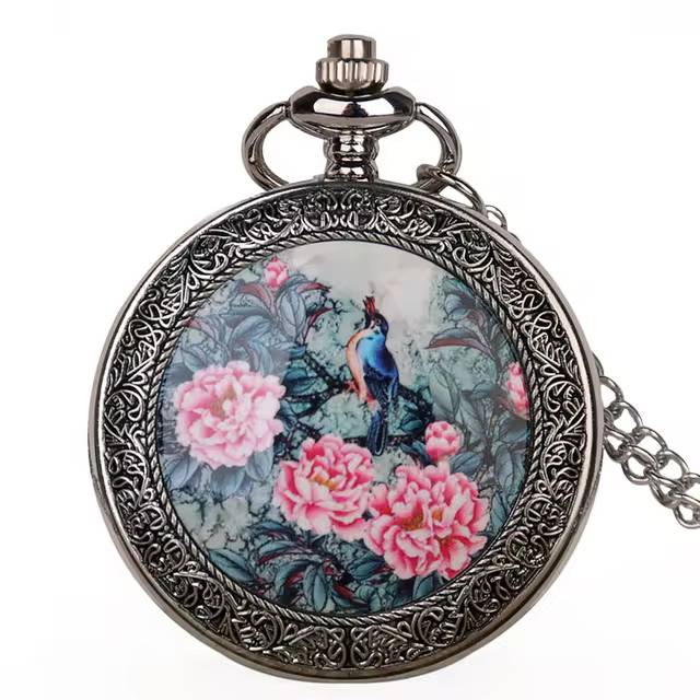 Creative peony flower painted quartz pocket watch fashion silver necklace clock men and women best gift